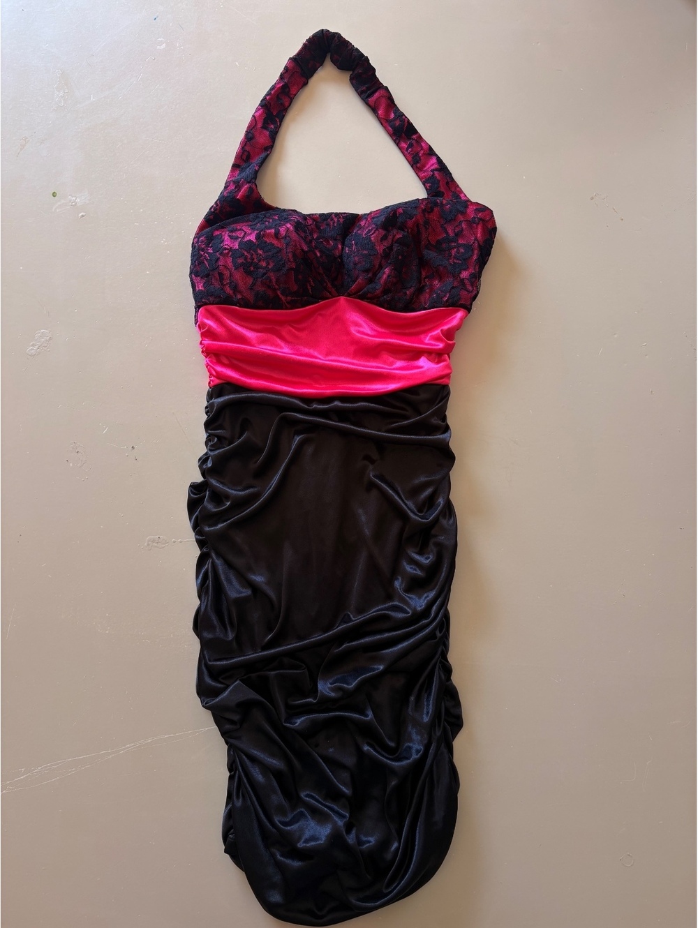 Y2K B. Darlin Sexy Scene Satin Lace Halter Black & Pink Ruched dress #13